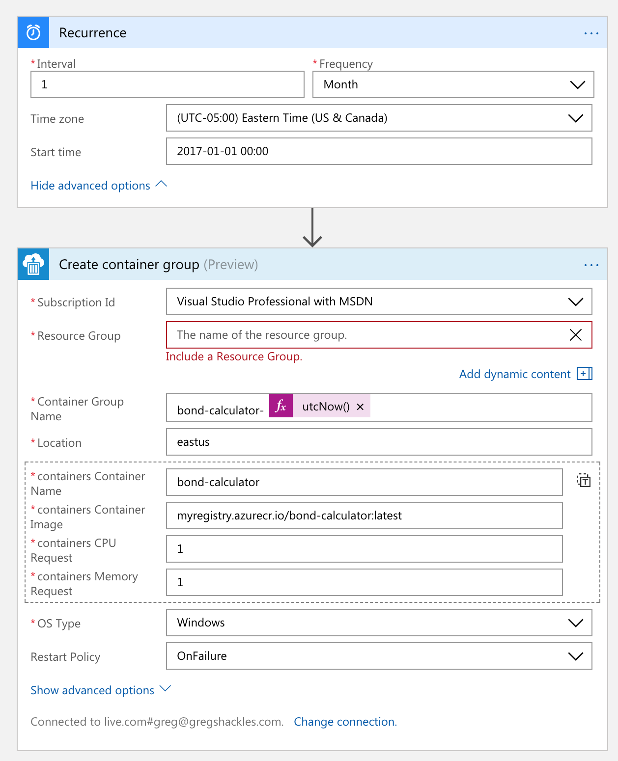 Logic App for creating the container instance